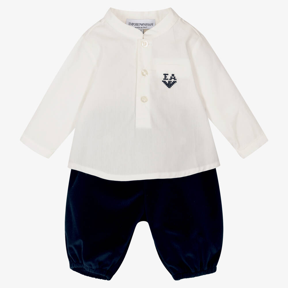 Emporio Armani - Baby Boys White & Blue Trouser Set | Childrensalon