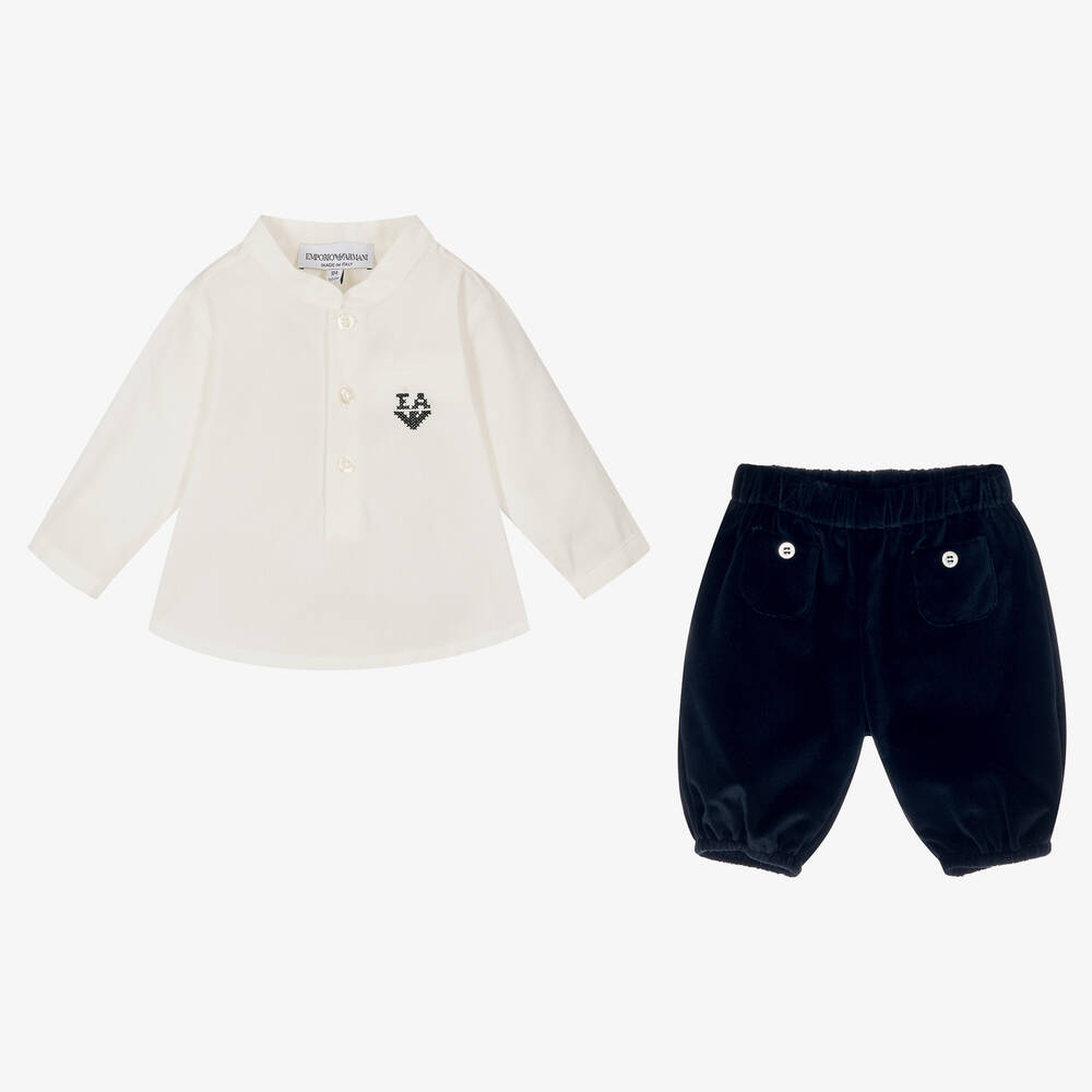 Emporio Armani-Baby Boys White & Blue Trouser Set | Childrensalon Outlet
