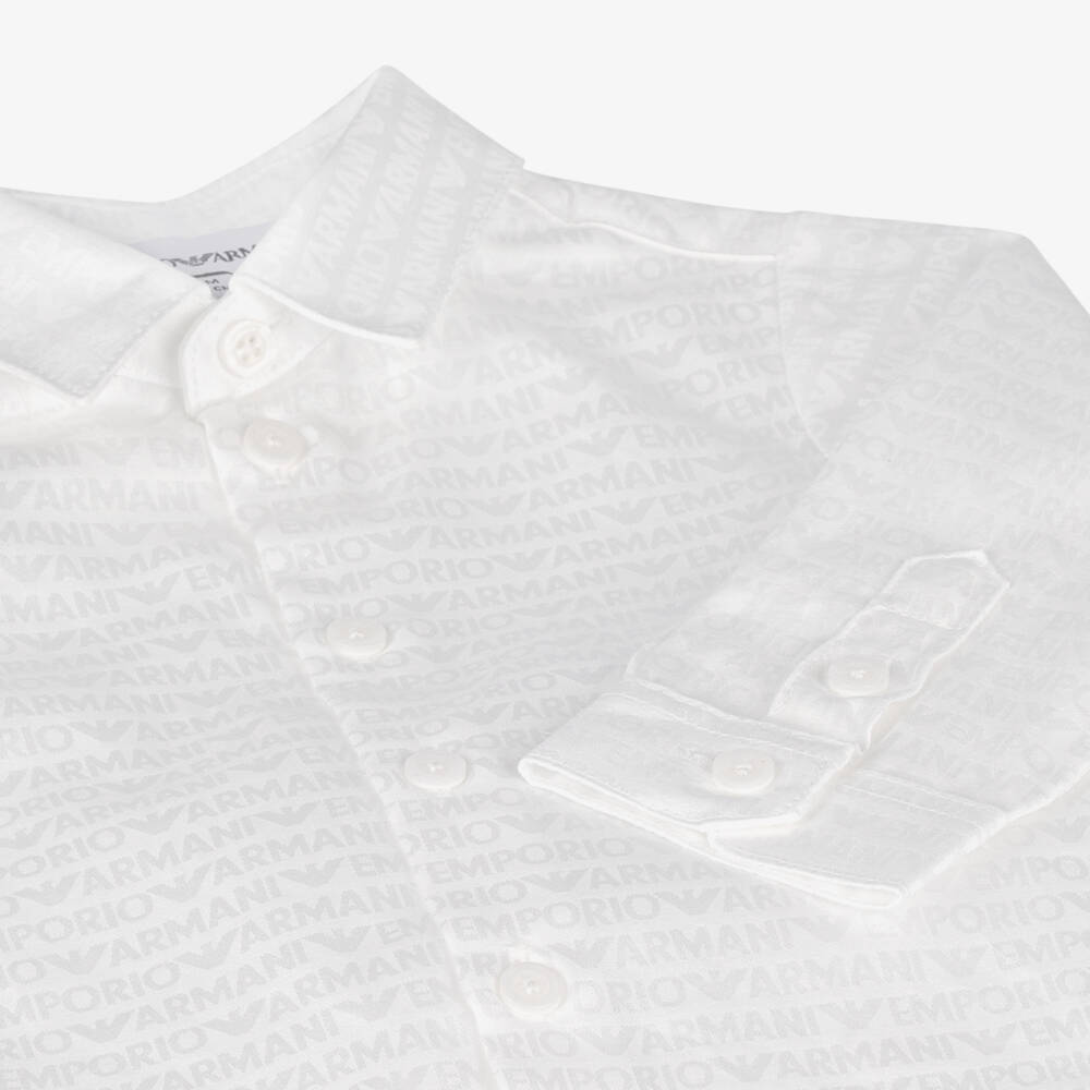 Emporio Armani-Baby Boys White Logo Pattern Cotton Shirt | Childrensalon Outlet