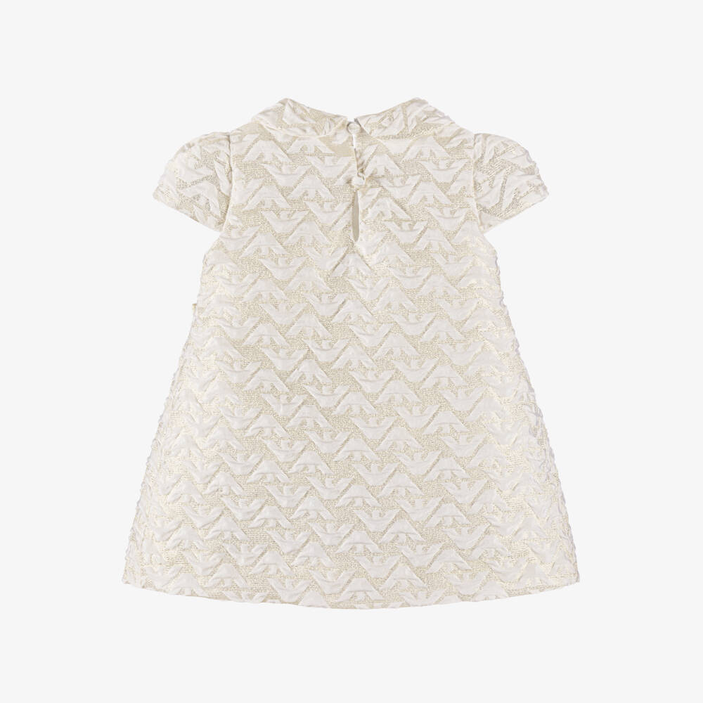 Emporio Armani-Baby Girls Ivory & Gold Eagle Logo Dress with Bows | Childrensalon Outlet