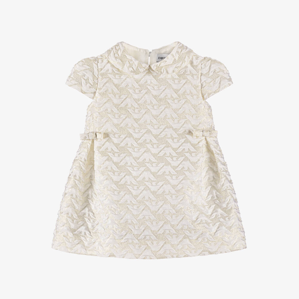 Emporio Armani-Baby Girls Ivory & Gold Eagle Logo Dress with Bows | Childrensalon Outlet