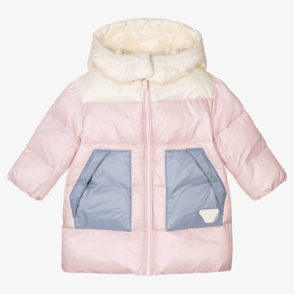 Emporio Armani - Baby Girls Pink Colourblock Puffer Coat | Childrensalon