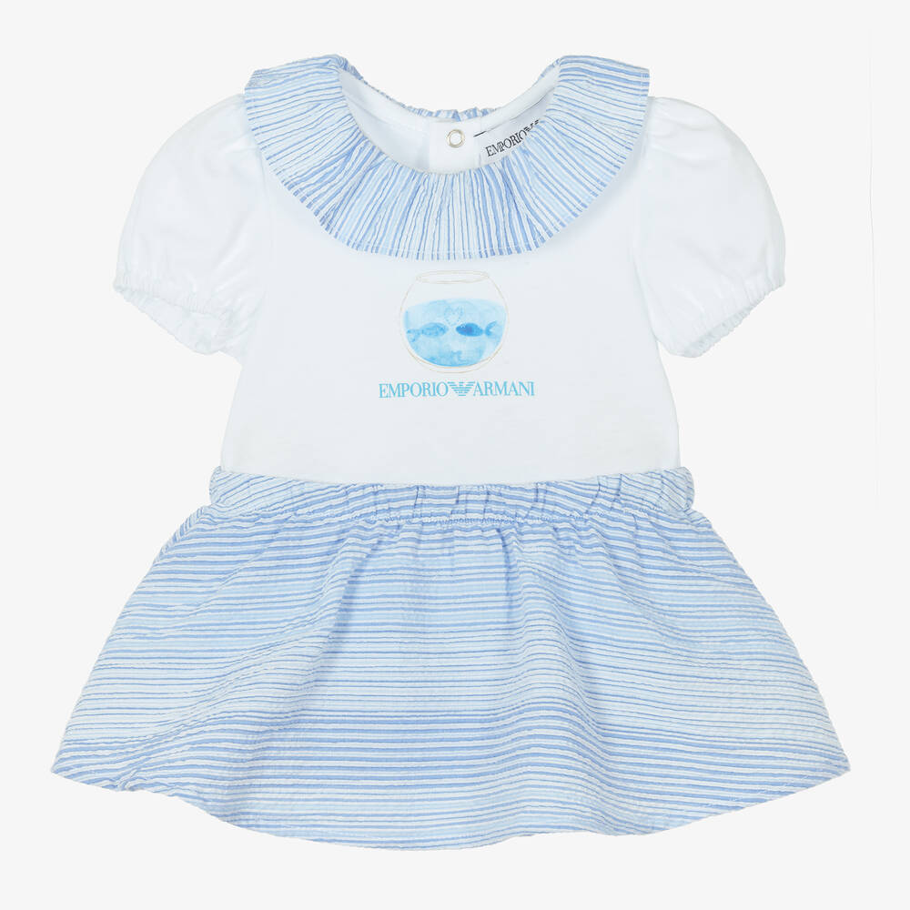 Emporio Armani - Baby Girls White & Blue Cotton Skirt Set | Childrensalon