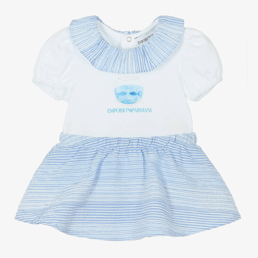 Emporio Armani Baby Girls White Blue Cotton Skirt Set