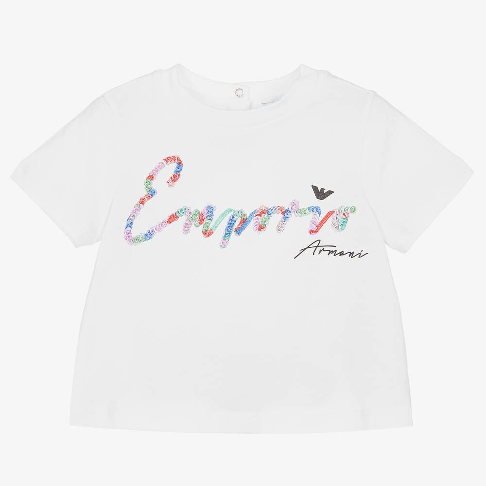 Emporio Armani Baby Girls White Cotton Logo T Shirt Childrensalon Outlet