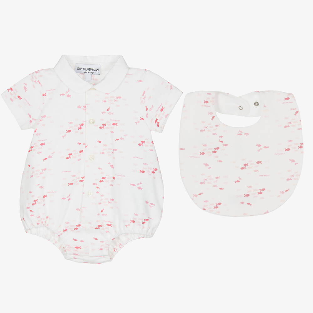 Emporio Armani - Baby Girls White & Pink Cotton Shortie Set | Childrensalon