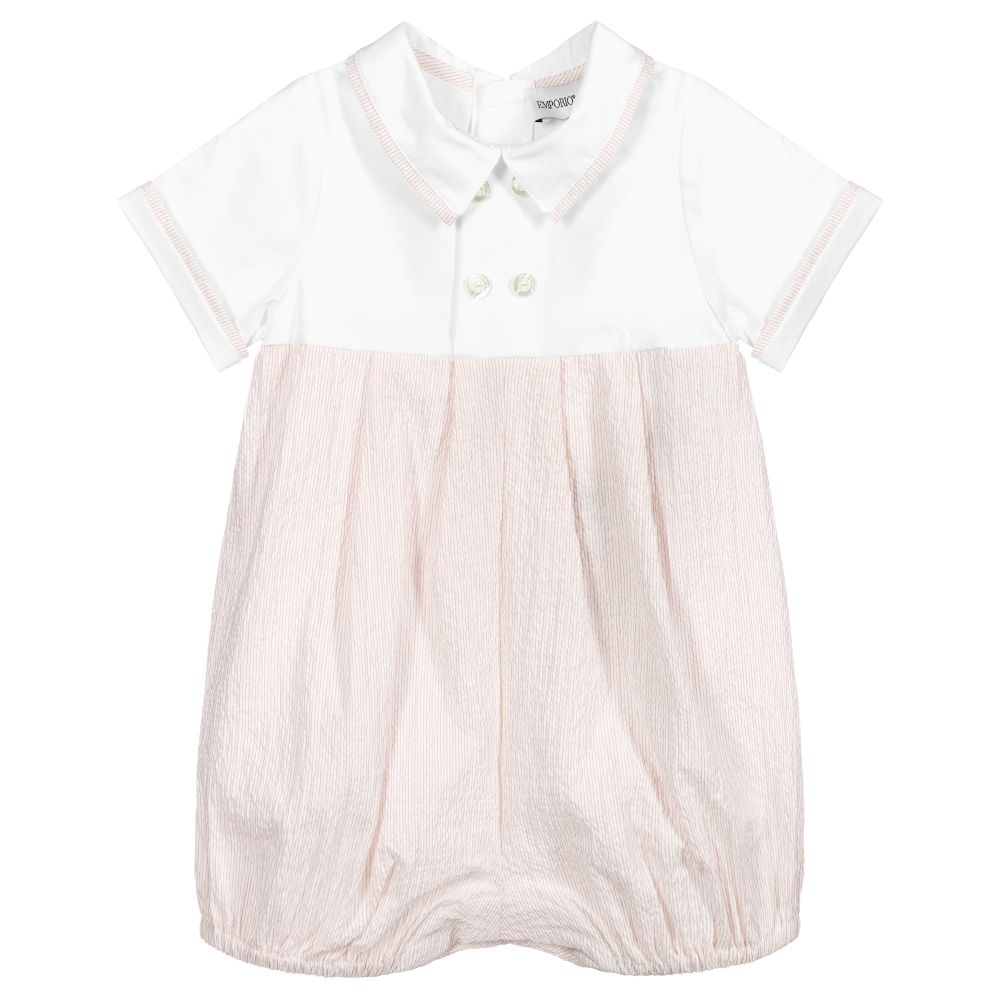 Emporio Armani - Baumwoll-Kurzstrampler in Beige und Weiß | Childrensalon