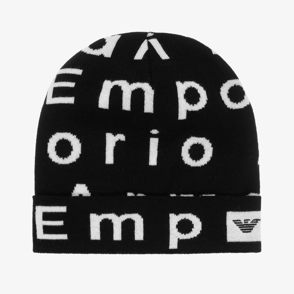 Emporio Armani - Black Wool Knit Logo Hat | Childrensalon