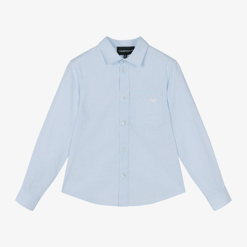 Emporio Armani-Blue Boys Checked Cotton Shirt | Childrensalon Outlet