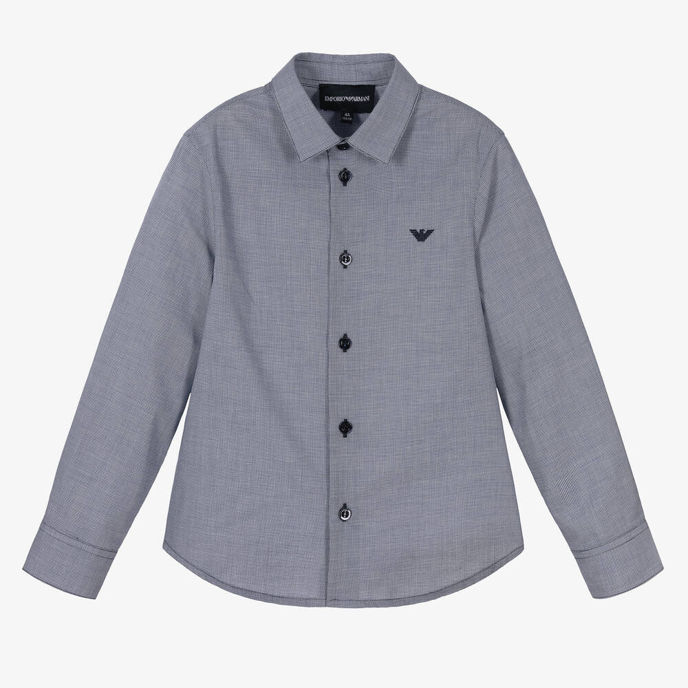 Emporio Armani - Blue Cotton Houndstooth Shirt | Childrensalon