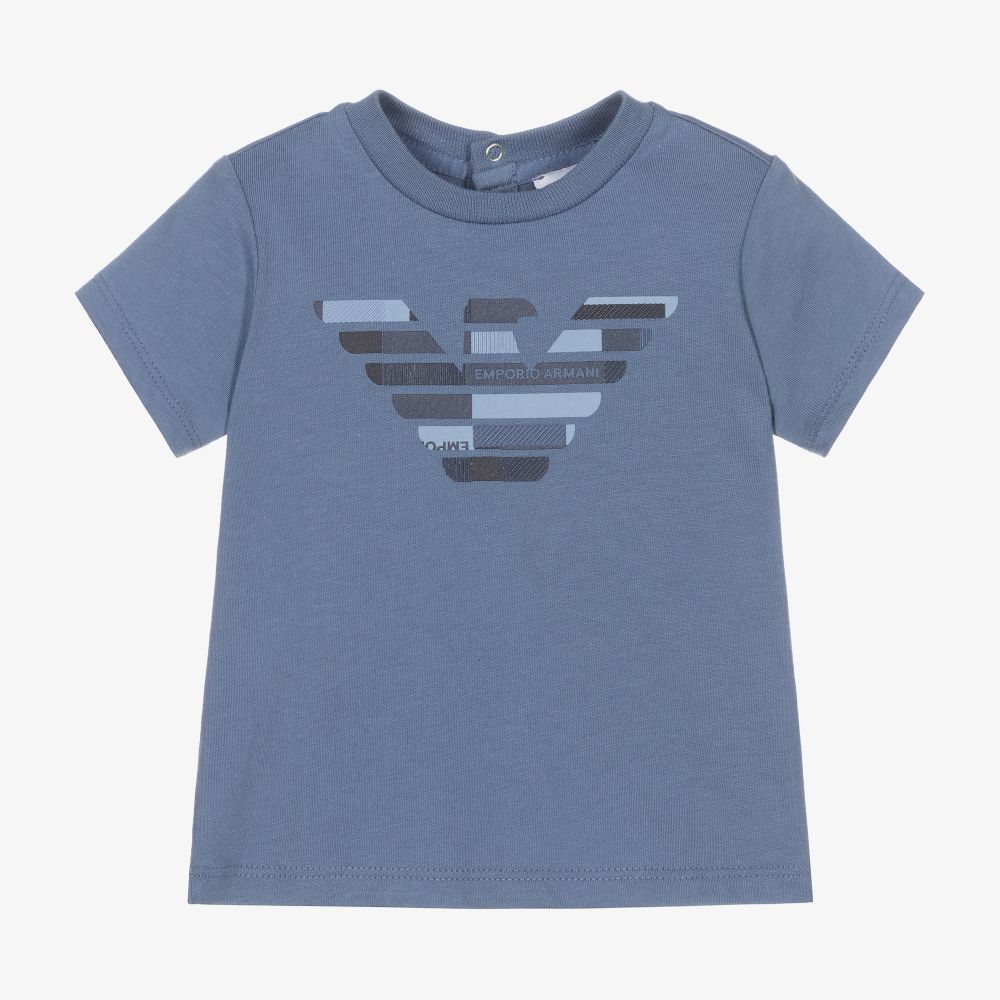 Emporio Armani - Blue Cotton Logo Baby T-Shirt | Childrensalon