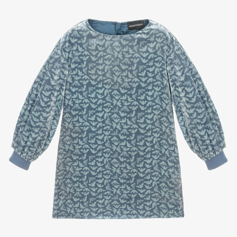 Emporio Armani - Blaues Samtkleid mit Adler-Print | Childrensalon