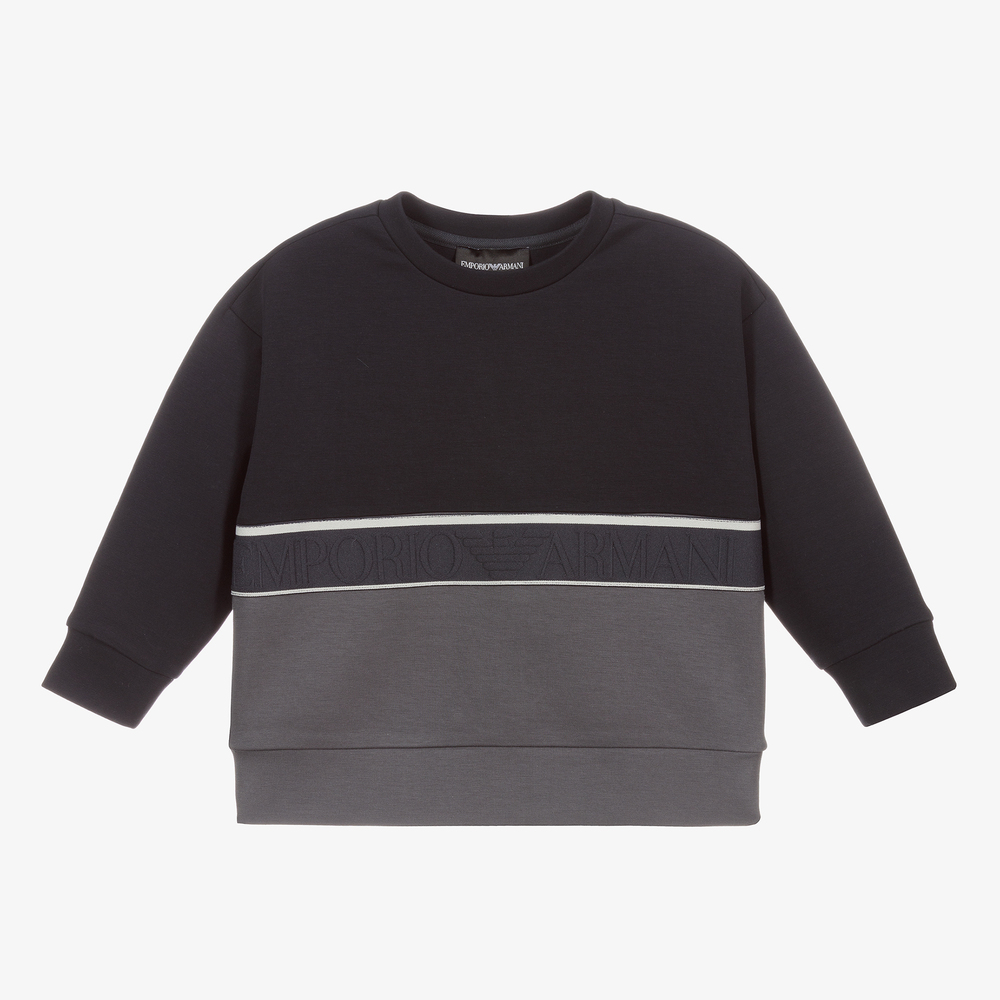 Emporio Armani-سويتشيرت قطن جيرسي لون كحلي ورمادي للأولاد | Childrensalon Outlet