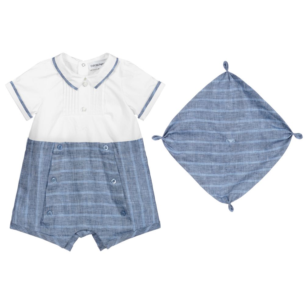 Emporio Armani - Baumwoll-Kurzstrampler in Weiß und Blau | Childrensalon