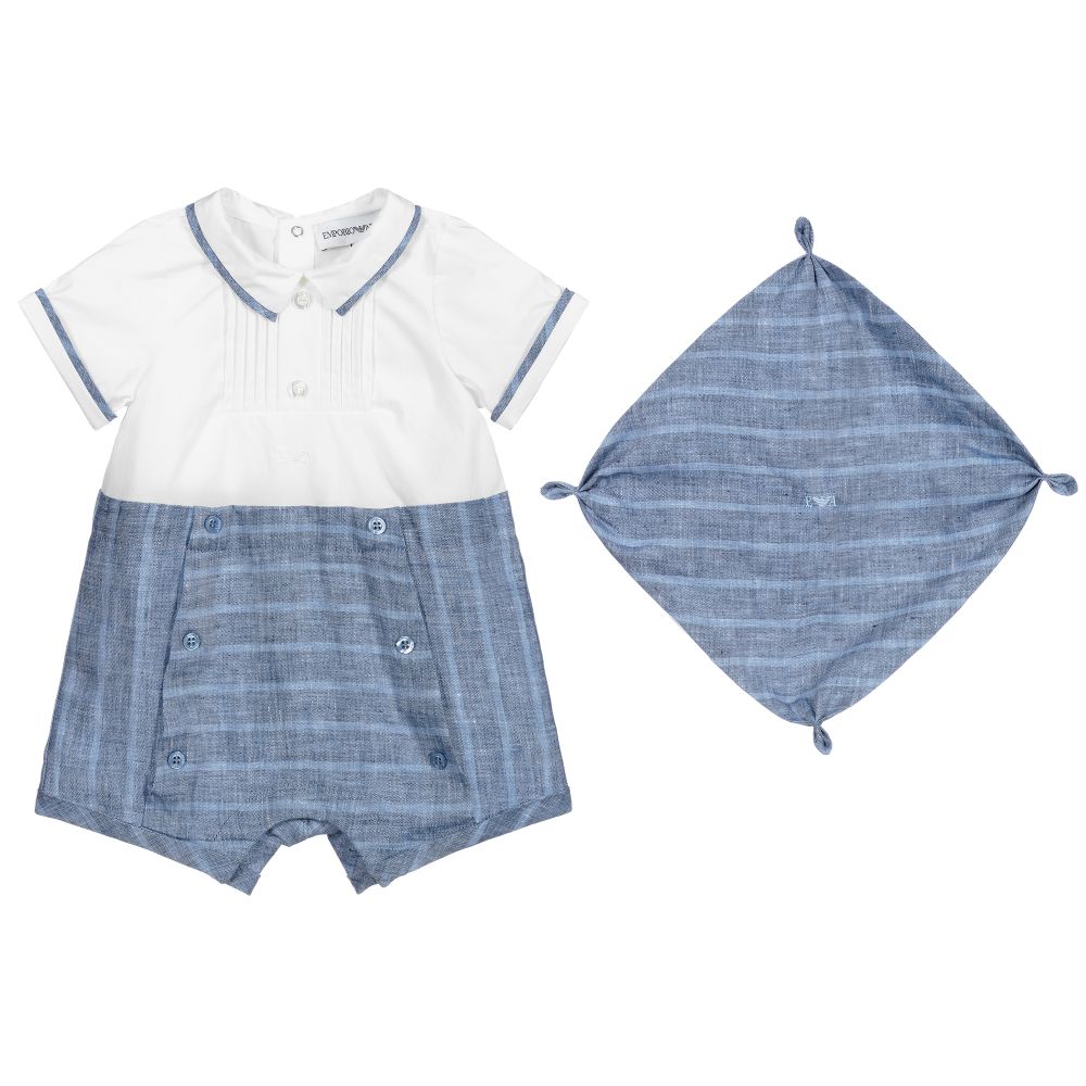 Emporio Armani - Ensemble Combi-short blanche et bleue en coton | Childrensalon