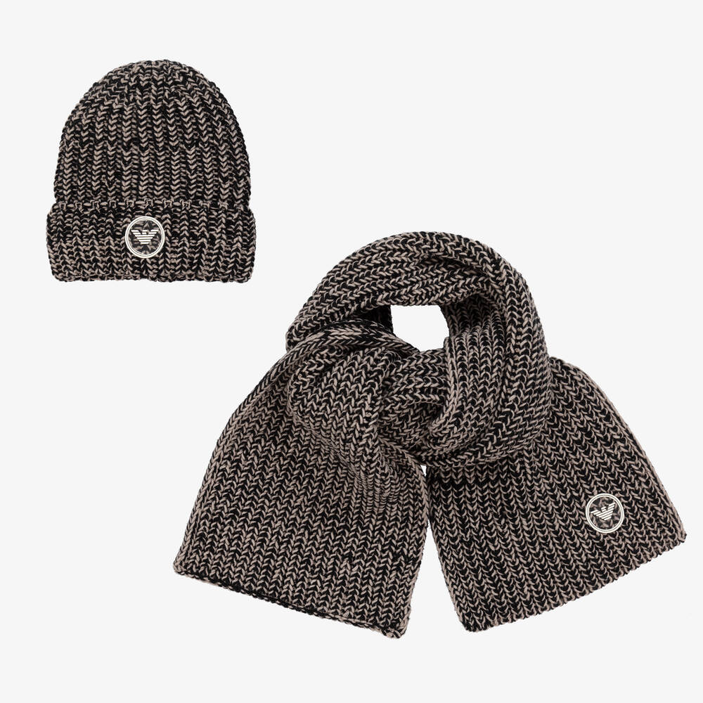 Emporio Armani Boys Beige Black Knitted Hat Scarf Set