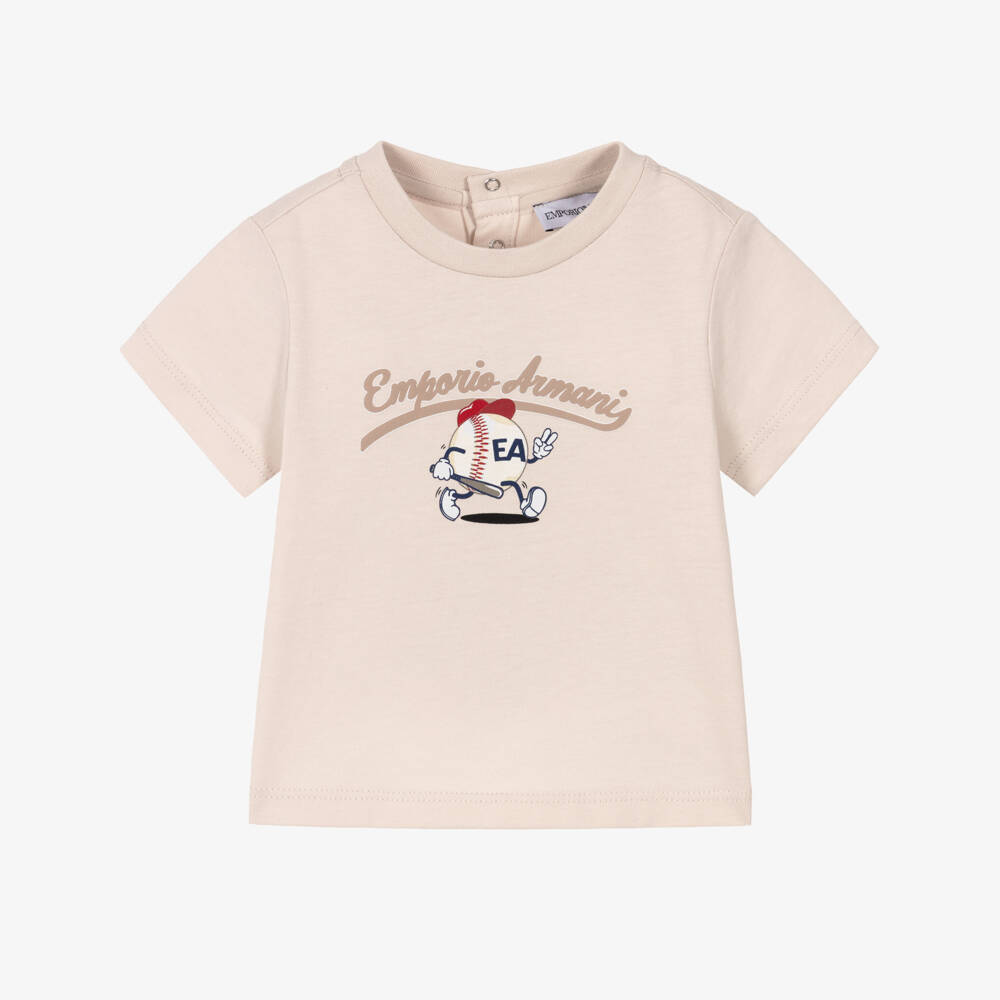 Emporio Armani-Boys Beige Cotton Baseball Print T-shirt | Childrensalon Outlet