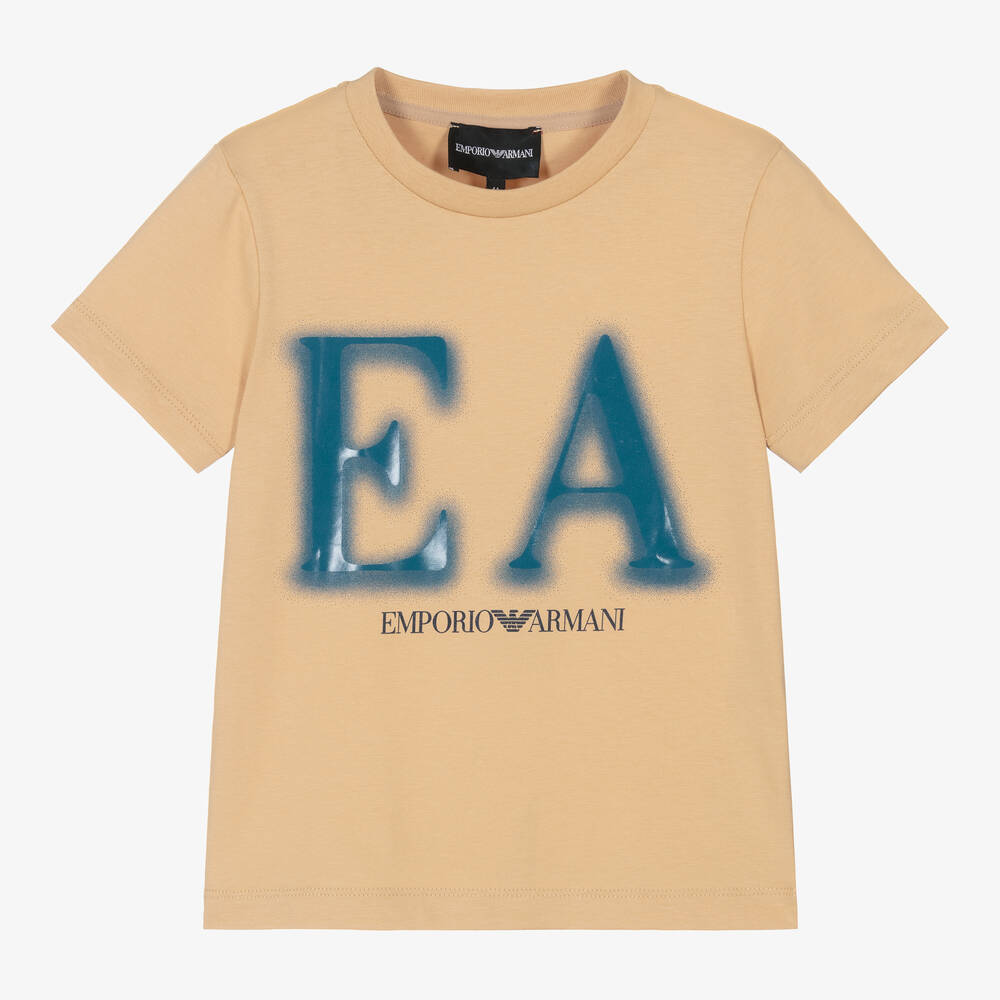 Emporio Armani - Boys Beige Cotton EA T-Shirt | Childrensalon