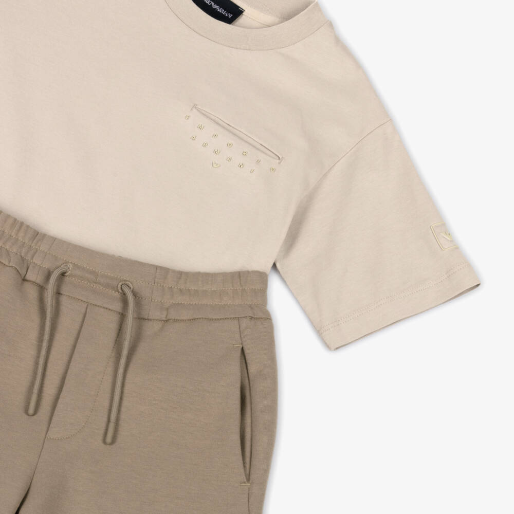 Emporio Armani-Boys Beige Cotton Eagle Logo Shorts Set | Childrensalon Outlet