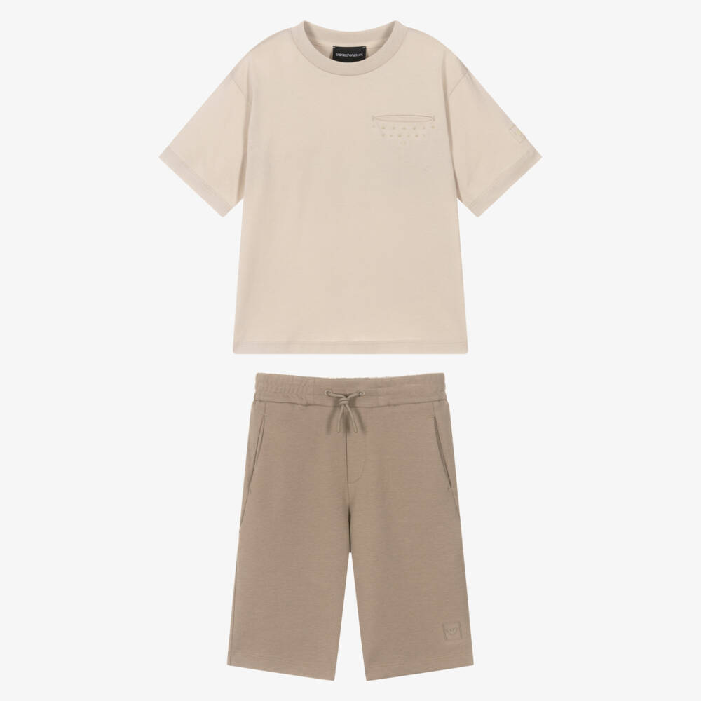 Emporio Armani-Boys Beige Cotton Eagle Logo Shorts Set | Childrensalon Outlet