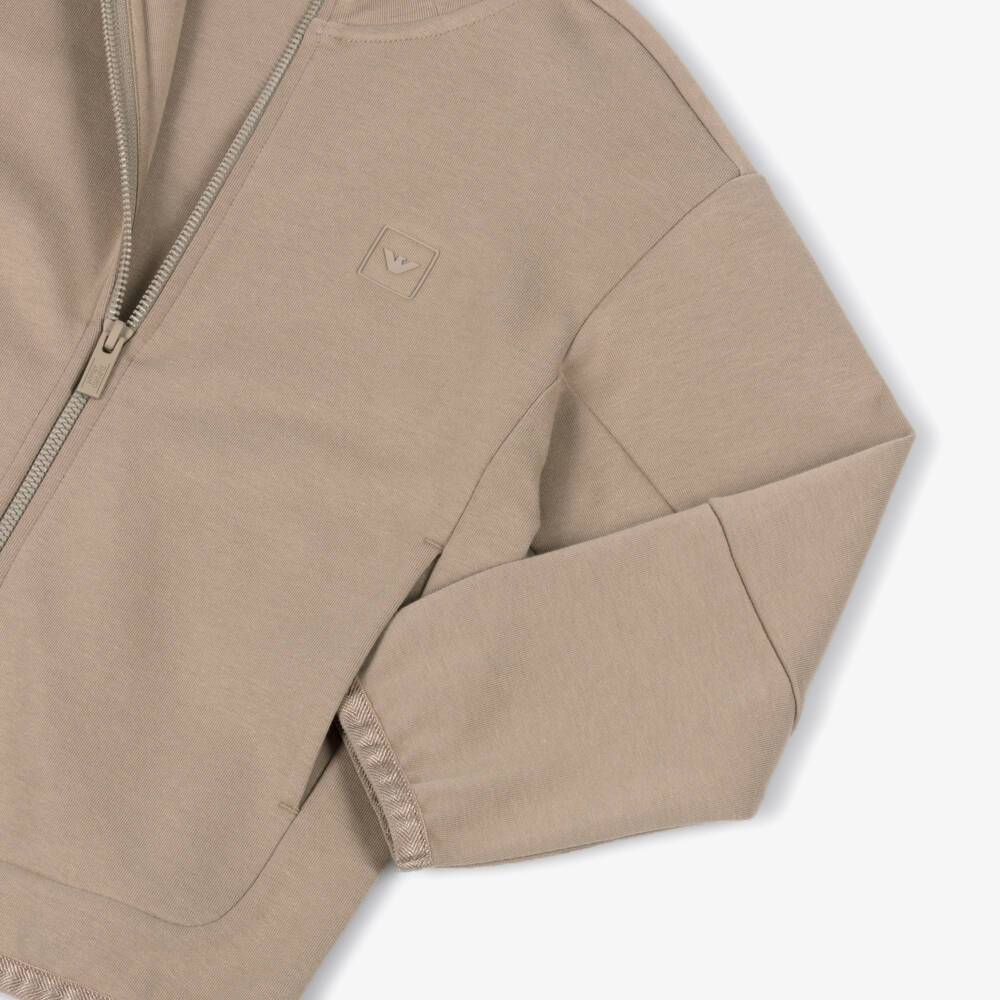 Emporio Armani-Бежевая хлопковая толстовка на молнии для мальчиков | Childrensalon Outlet