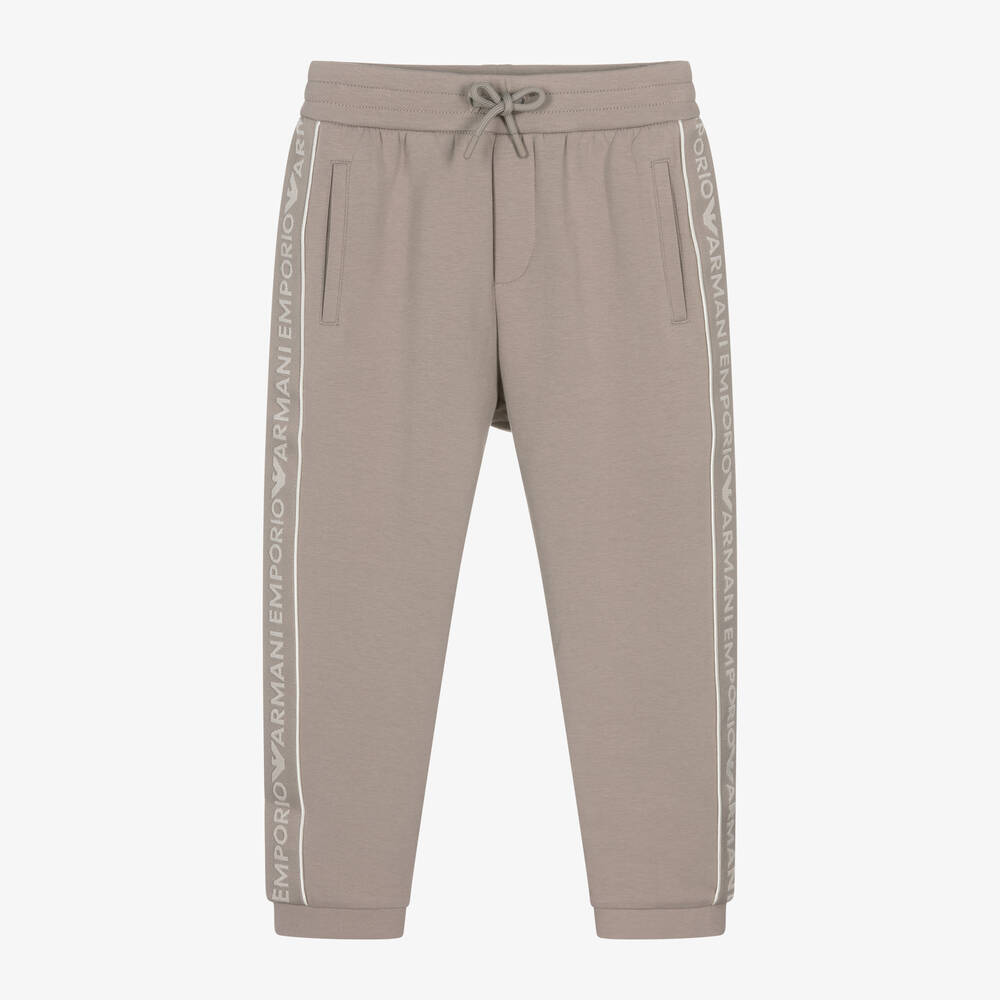 Emporio Armani-Boys Beige Cotton Logo Tape Joggers | Childrensalon Outlet