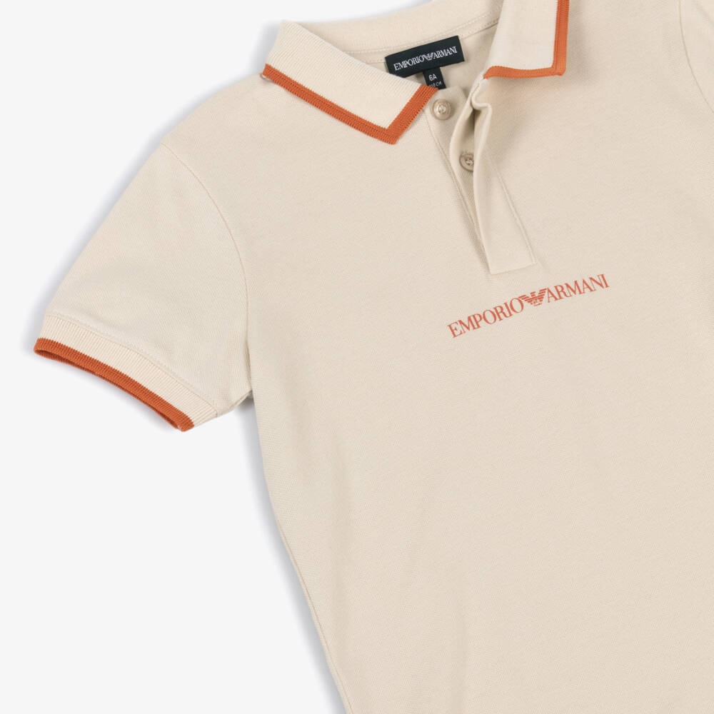 Emporio Armani-Boys Beige Cotton Polo Shirt with Orange Logo & Tipping | Childrensalon Outlet