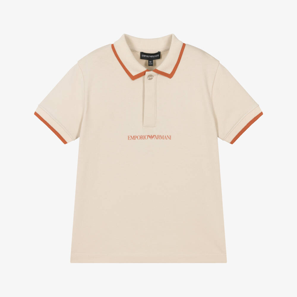 Emporio Armani-Boys Beige Cotton Polo Shirt with Orange Logo & Tipping | Childrensalon Outlet