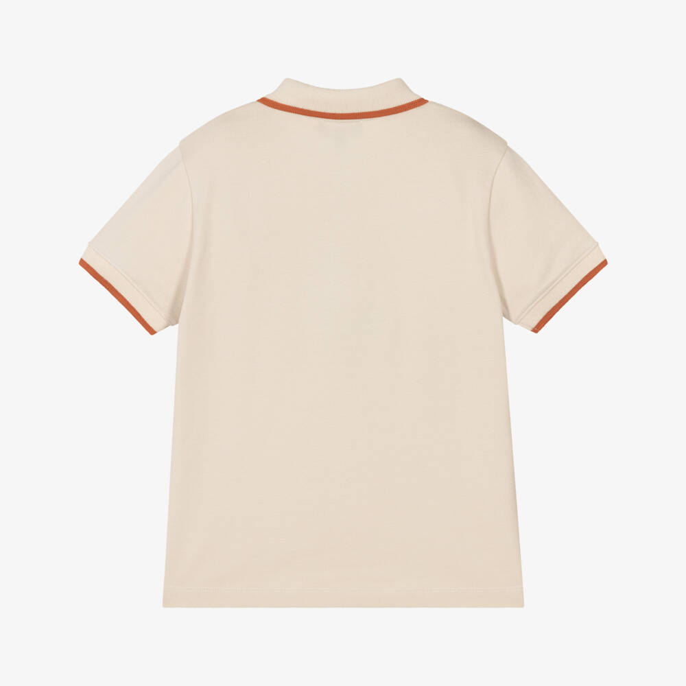 Emporio Armani-Boys Beige Cotton Polo Shirt with Orange Logo & Tipping | Childrensalon Outlet