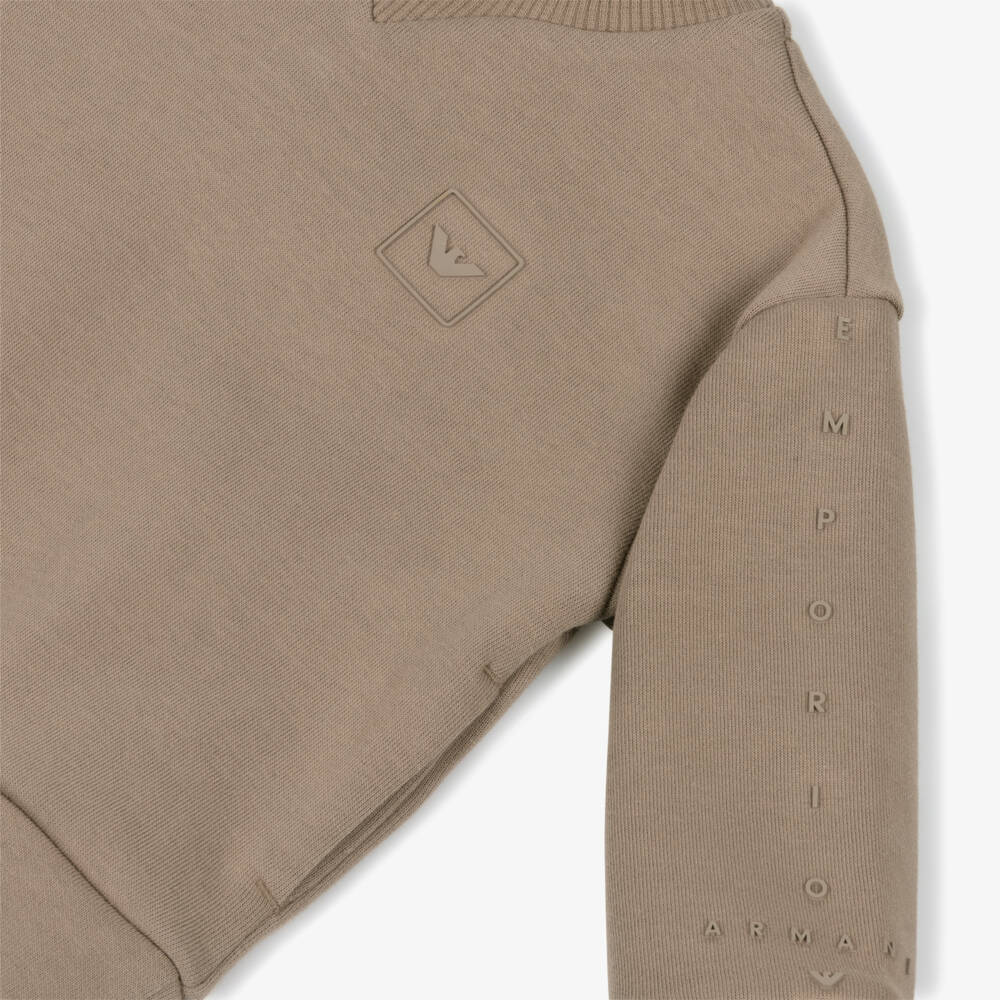 Emporio Armani-Boys Beige Cotton Ribbed Neck Sweatshirt | Childrensalon Outlet