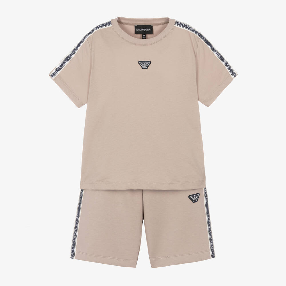Emporio Armani Boys Beige Cotton Tape Trim Shorts Set Childrensalon Outlet