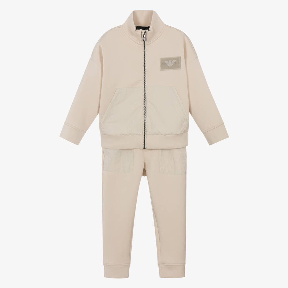 Emporio Armani-Boys Beige Cotton Tracksuit with Lenticular Logo Patch | Childrensalon Outlet
