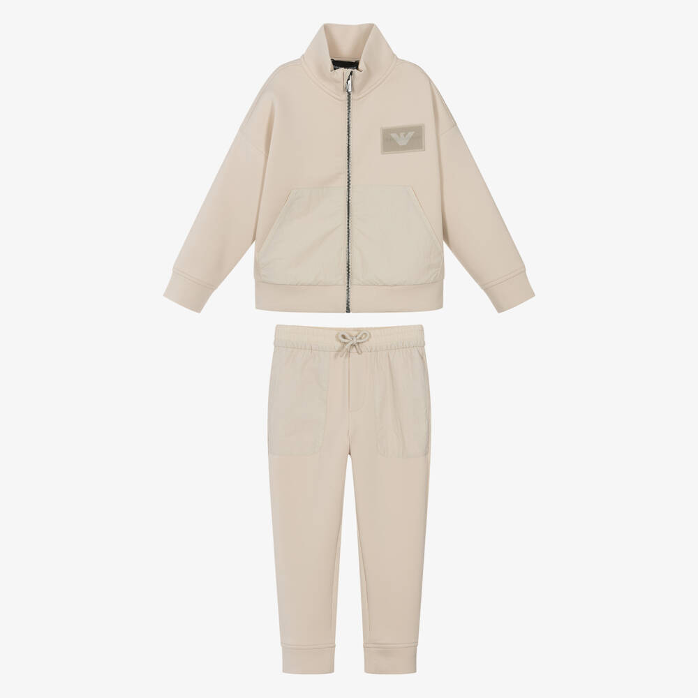 Emporio Armani-Boys Beige Cotton Tracksuit with Lenticular Logo Patch | Childrensalon Outlet