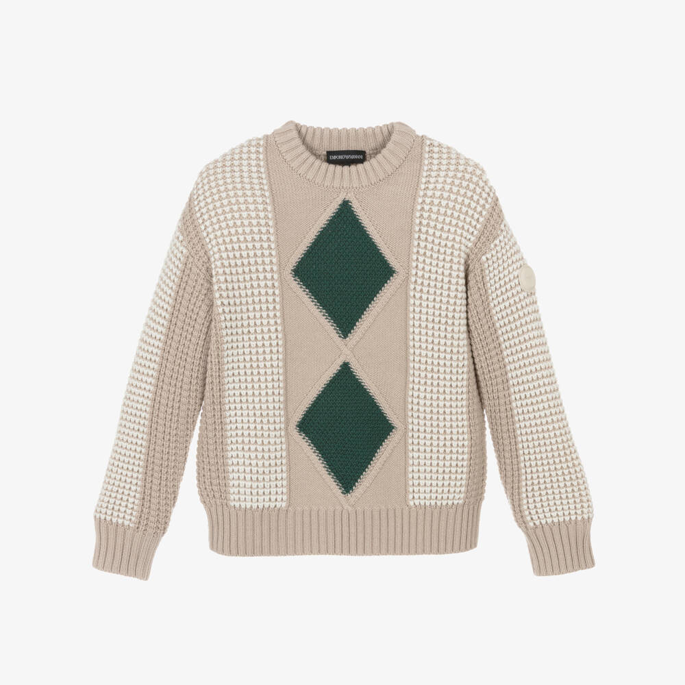 Emporio Armani-Boys Beige & Green Diamond Knit Jumper | Childrensalon Outlet