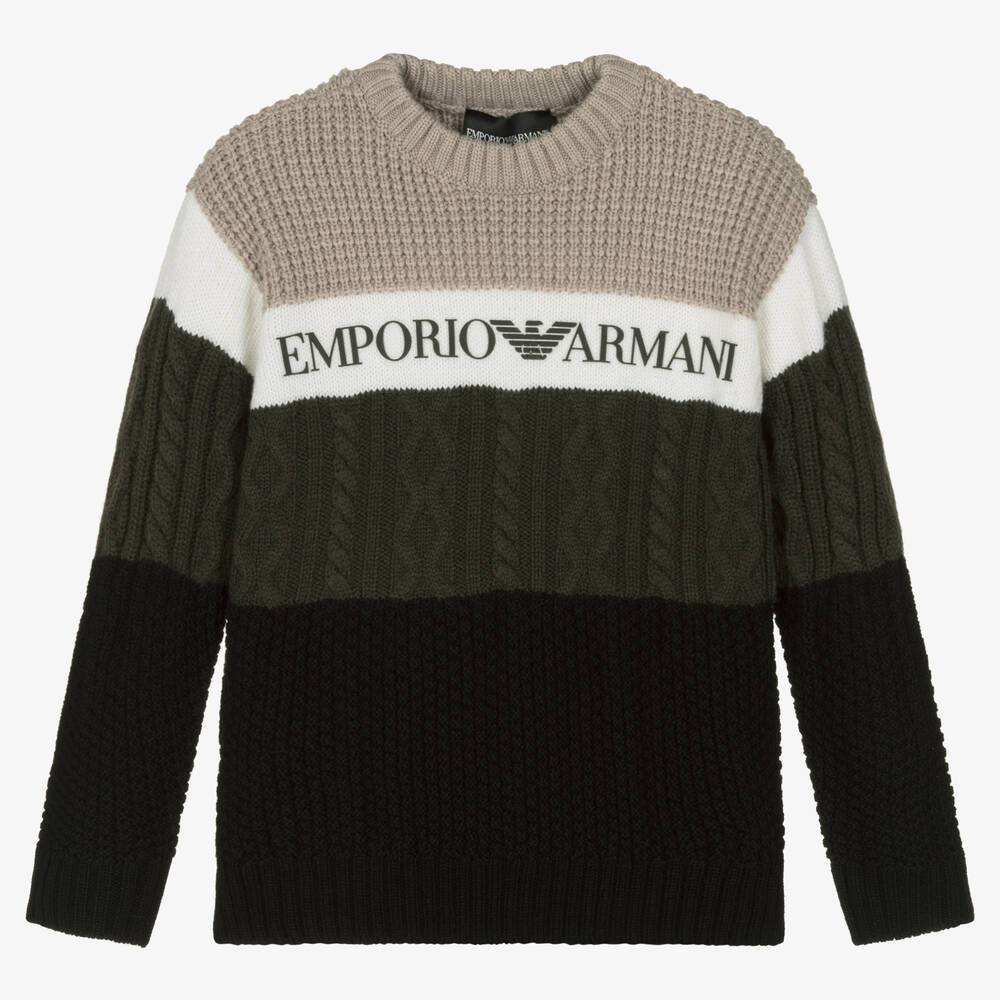 Emporio Armani - بلوفر مزيج صوف محبوك لون بيج وأخضر للأولاد | Childrensalon