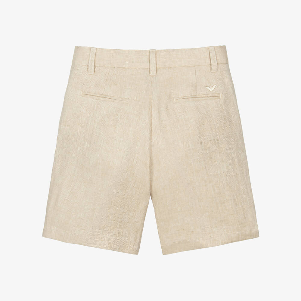 Emporio Armani-Boys Beige Herringbone Linen Shorts | Childrensalon Outlet