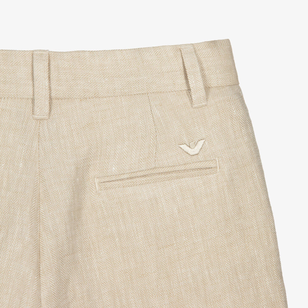 Emporio Armani-Boys Beige Herringbone Linen Shorts | Childrensalon Outlet