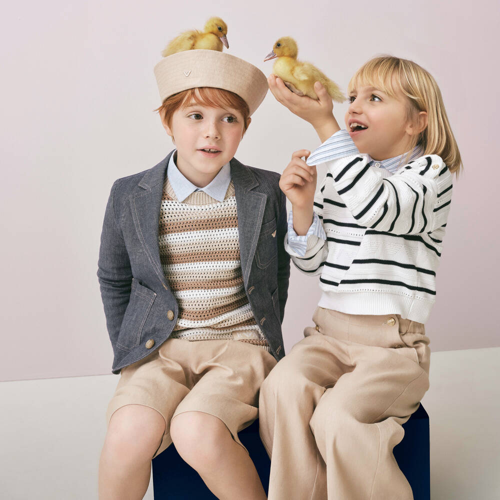Emporio Armani-Boys Beige Herringbone Linen Shorts | Childrensalon Outlet