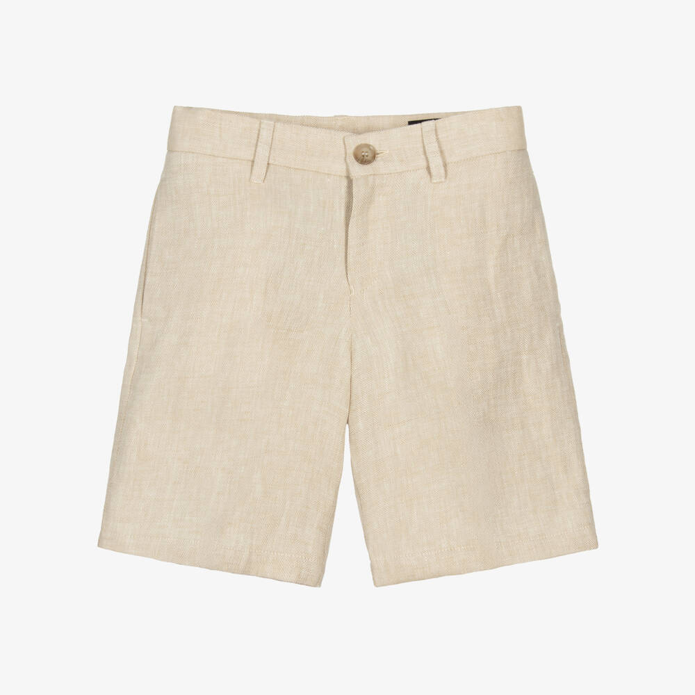 Emporio Armani-Boys Beige Herringbone Linen Shorts | Childrensalon Outlet
