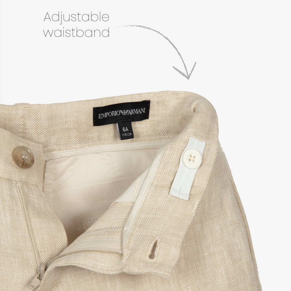 Emporio Armani-Boys Beige Herringbone Linen Shorts | Childrensalon Outlet