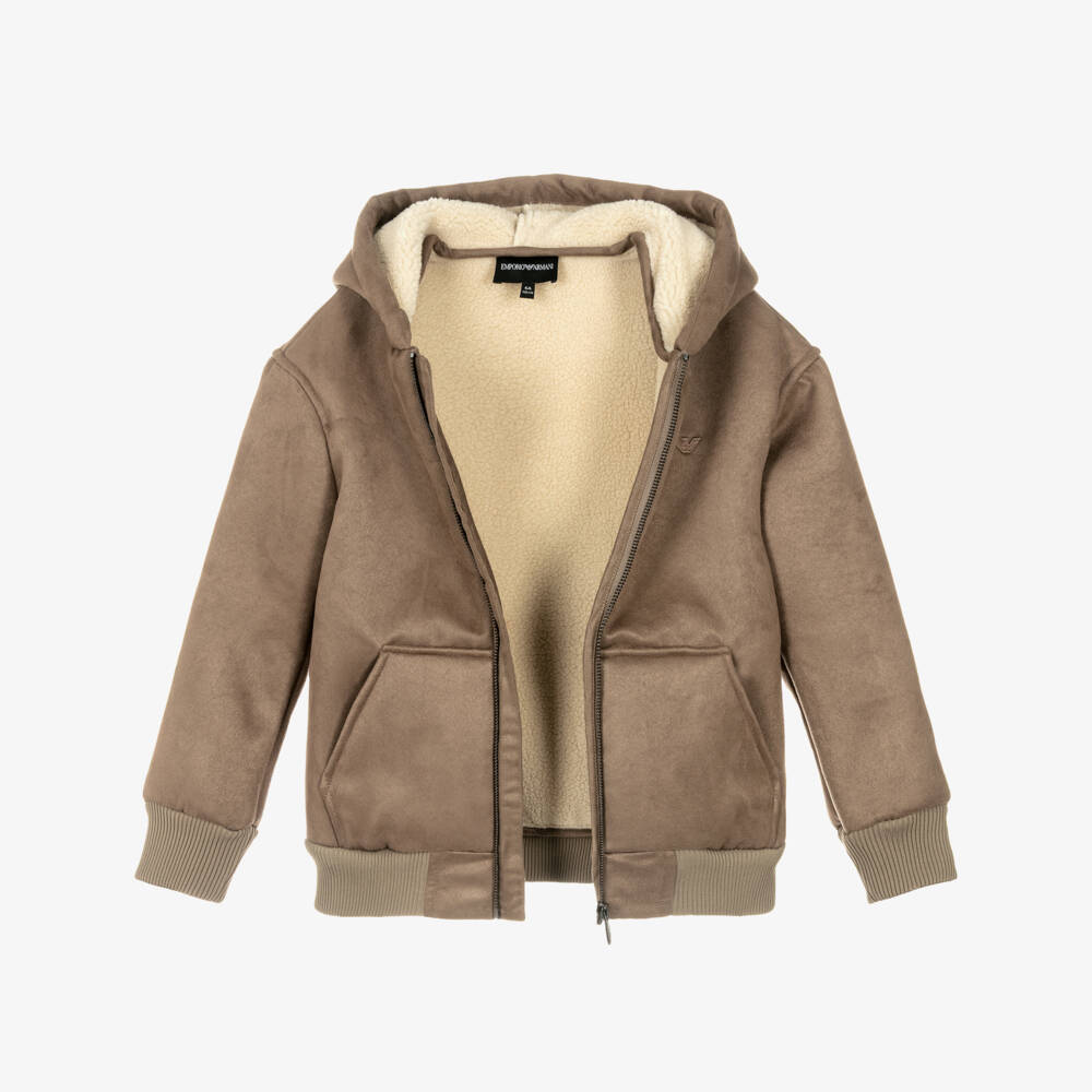 Emporio Armani-Boys Beige Hooded Faux Suede Jacket | Childrensalon Outlet