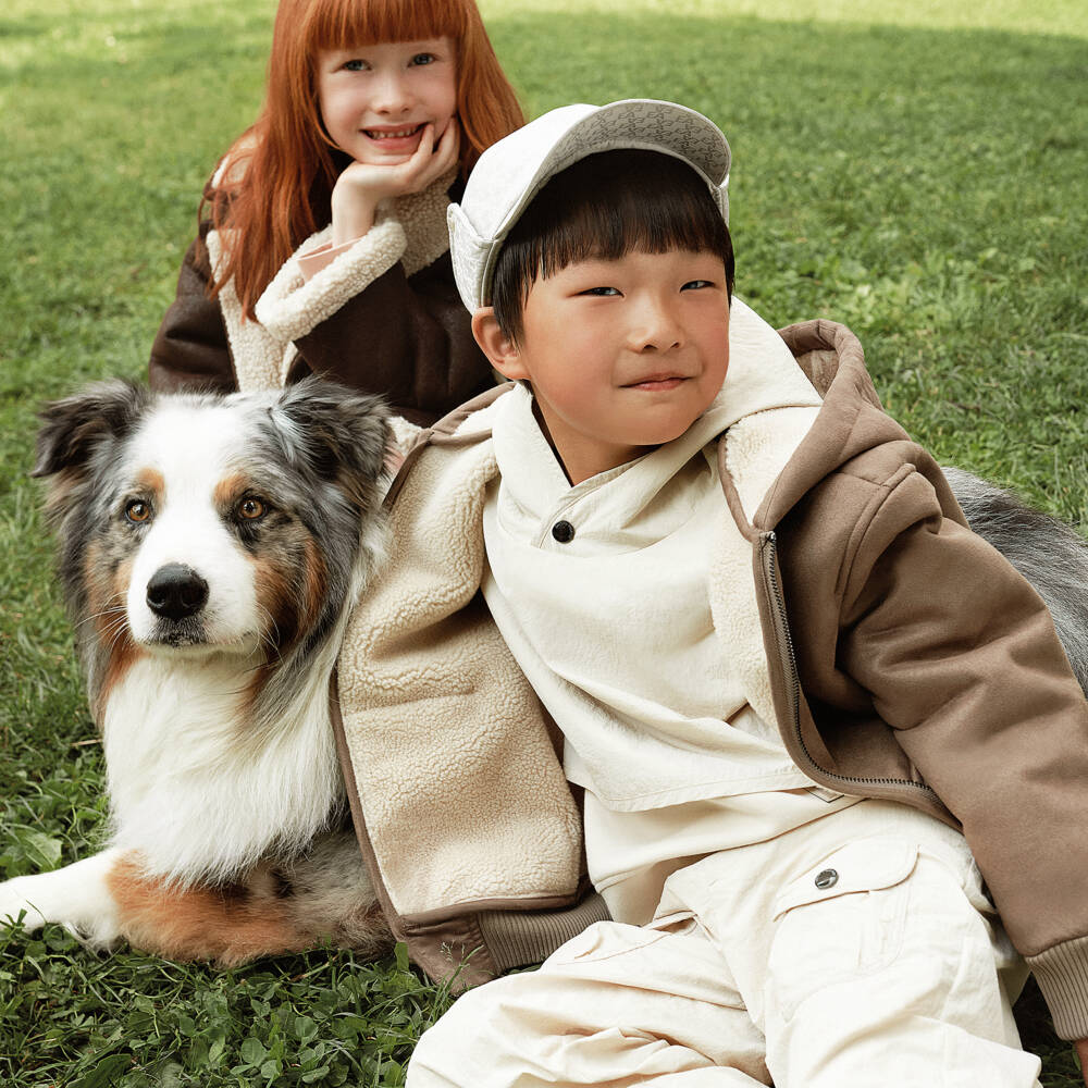 Emporio Armani-Boys Beige Hooded Faux Suede Jacket | Childrensalon Outlet