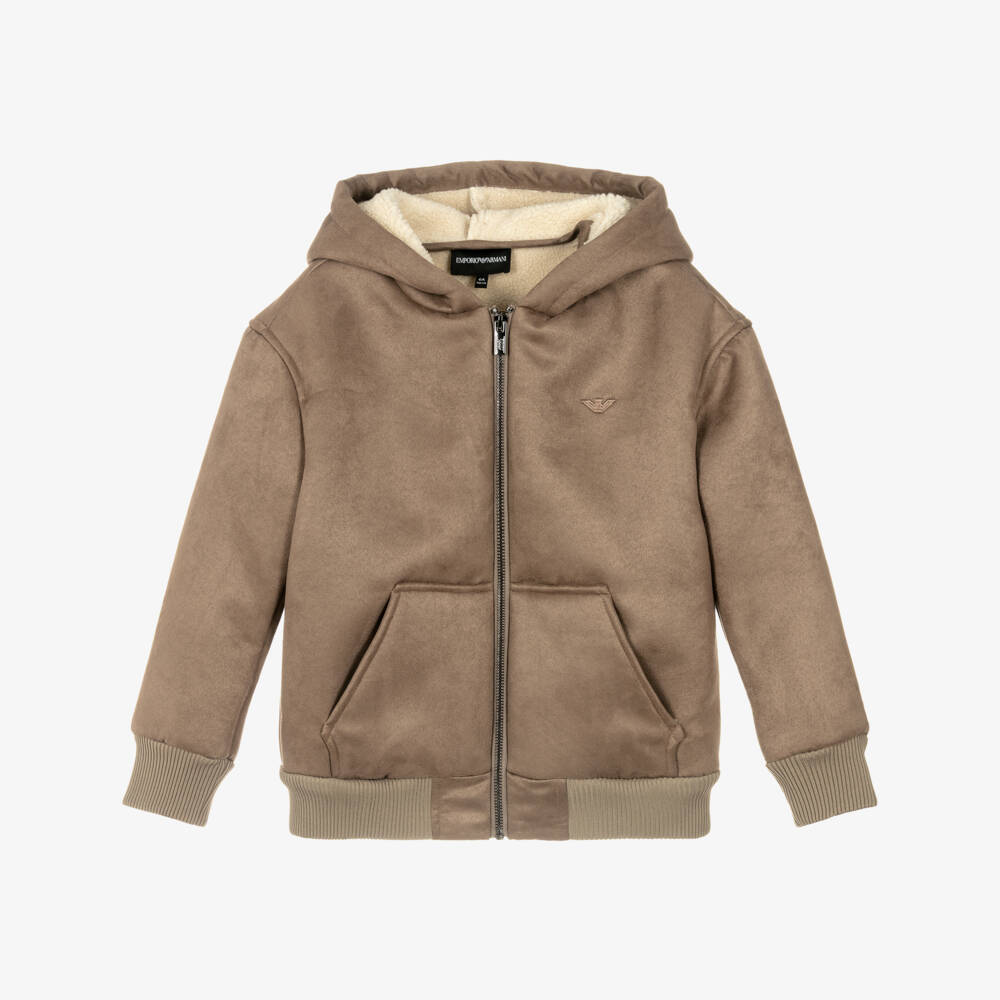 Emporio Armani-Boys Beige Hooded Faux Suede Jacket | Childrensalon Outlet
