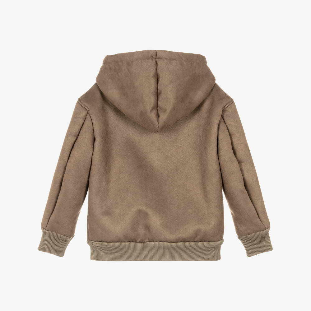 Emporio Armani-Boys Beige Hooded Faux Suede Jacket | Childrensalon Outlet