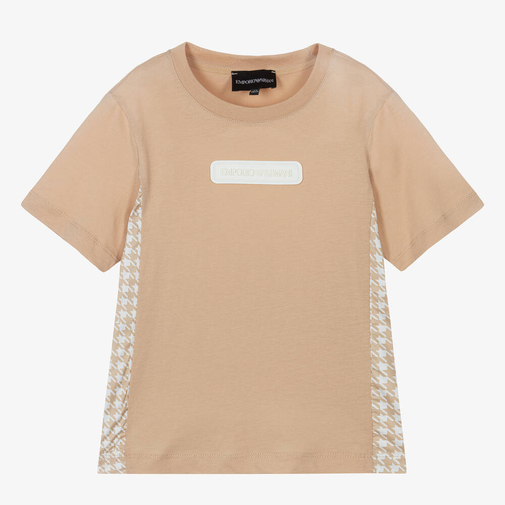 Emporio Armani - Бежевая футболка в гусиную лапку для девочек | Childrensalon