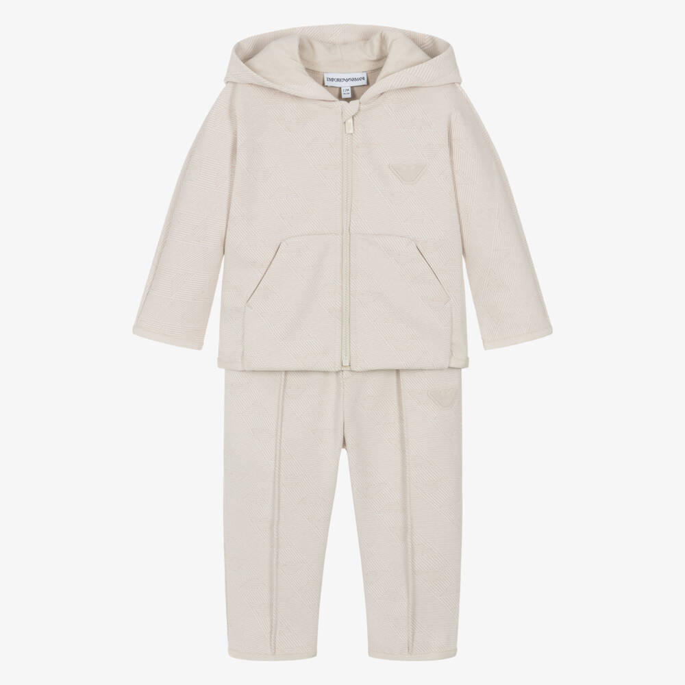 Emporio Armani-Boys Beige Jacquard Jersey Tracksuit Set | Childrensalon Outlet