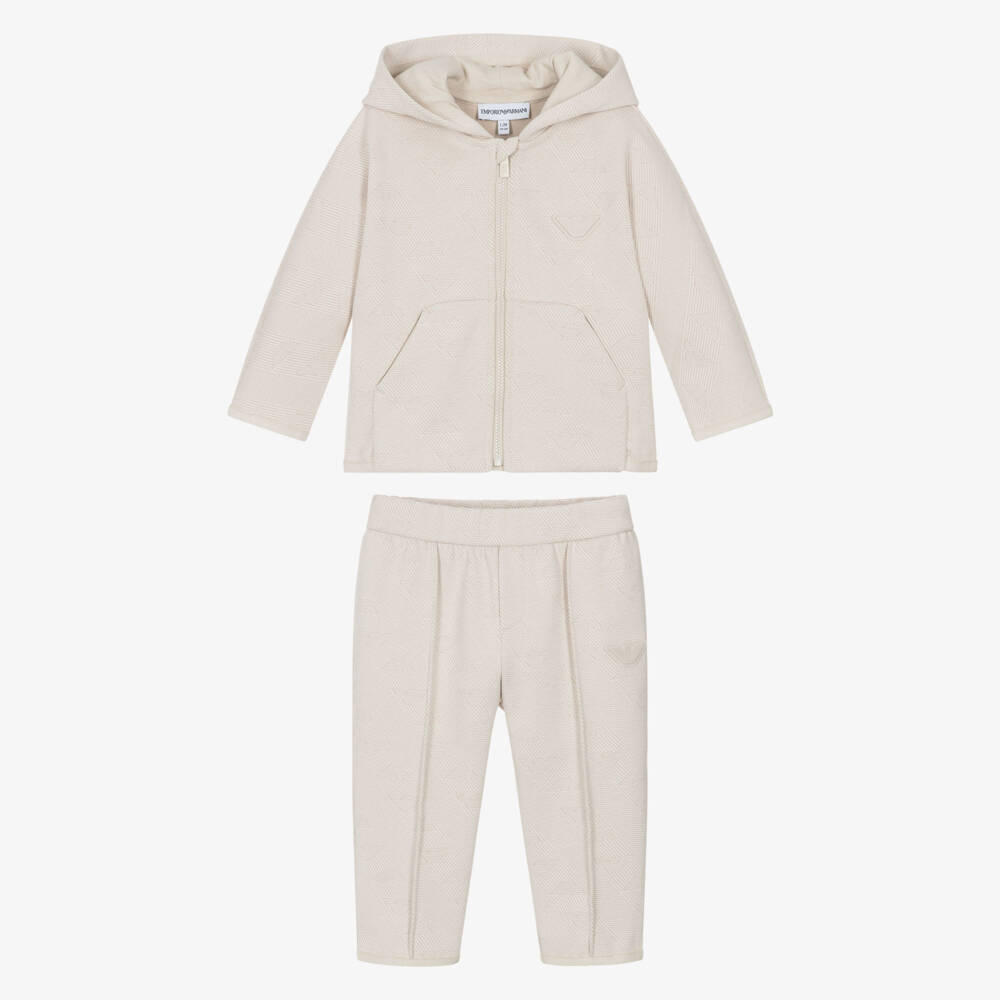 Emporio Armani-Boys Beige Jacquard Jersey Tracksuit Set | Childrensalon Outlet
