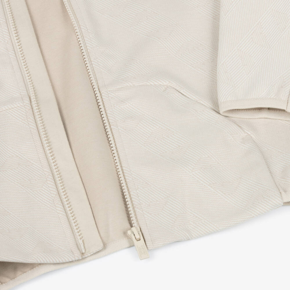 Emporio Armani-Boys Beige Jacquard Logo Jersey Zip-Up Hoodie | Childrensalon Outlet