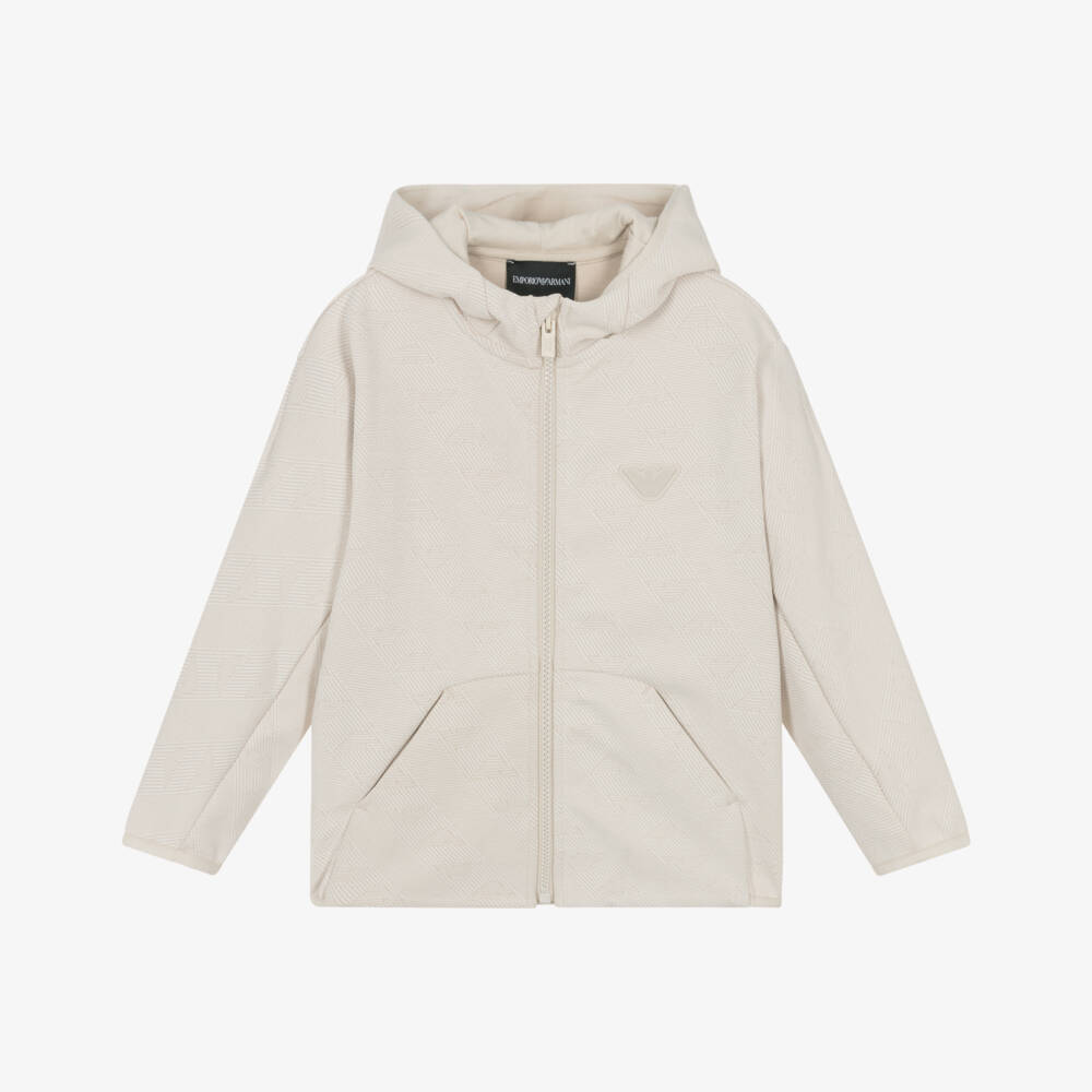 Emporio Armani-Boys Beige Jacquard Logo Jersey Zip-Up Hoodie | Childrensalon Outlet