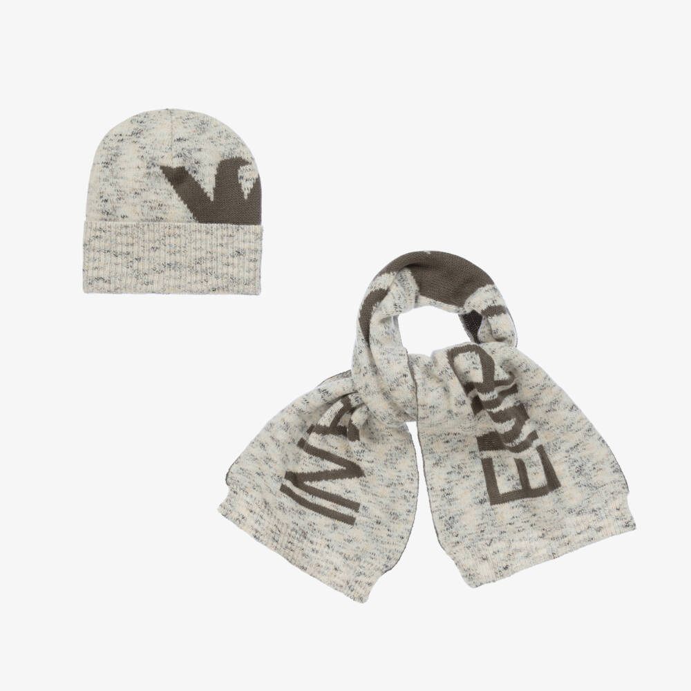 Emporio Armani-طقم سكارف وقبعة بنقشة النسر لون بيج للأولاد | Childrensalon Outlet